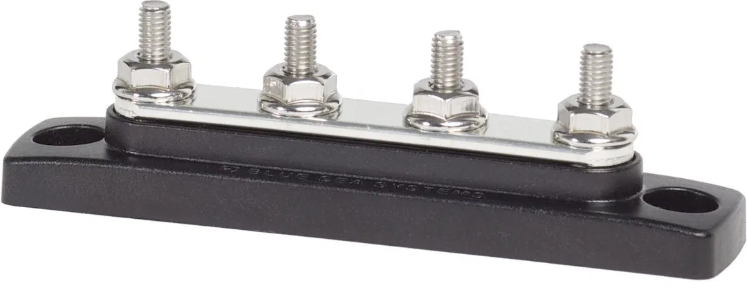 2305-BSS – BLUE SEA Busbar, Common Mini Busbar 4 Stud Terminal 300 Volts AC/ 48 Volts DC 100 Amps Reinforced Polycarb...